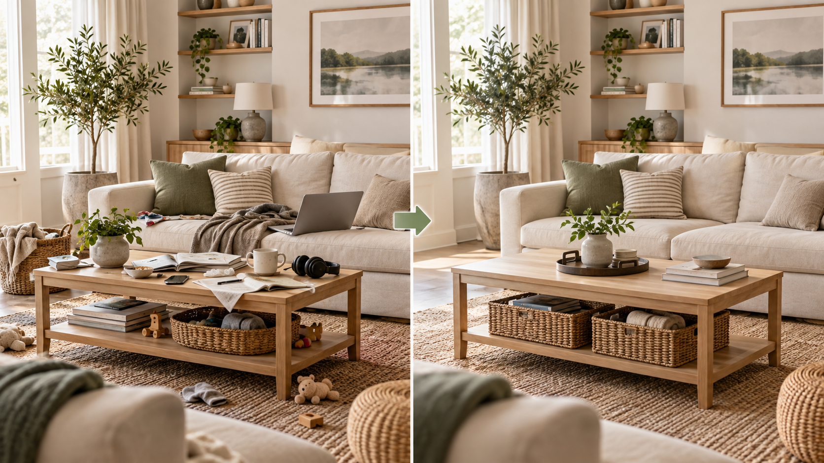 A living room before and after it has been organized
